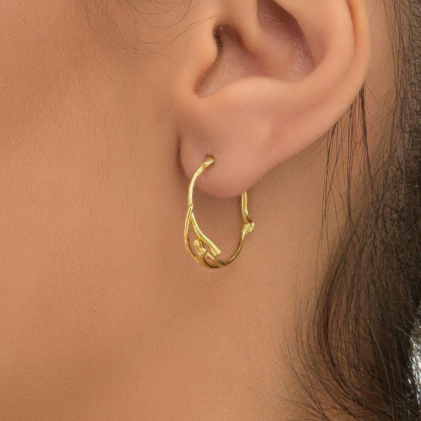 Solid Gold Jasmine Branch Earrings, Handmade Twig Jewelry, Organic Minimalist Hoops, Gift for Purity & Longevity, Real Gold (9K, 14K, 18K)