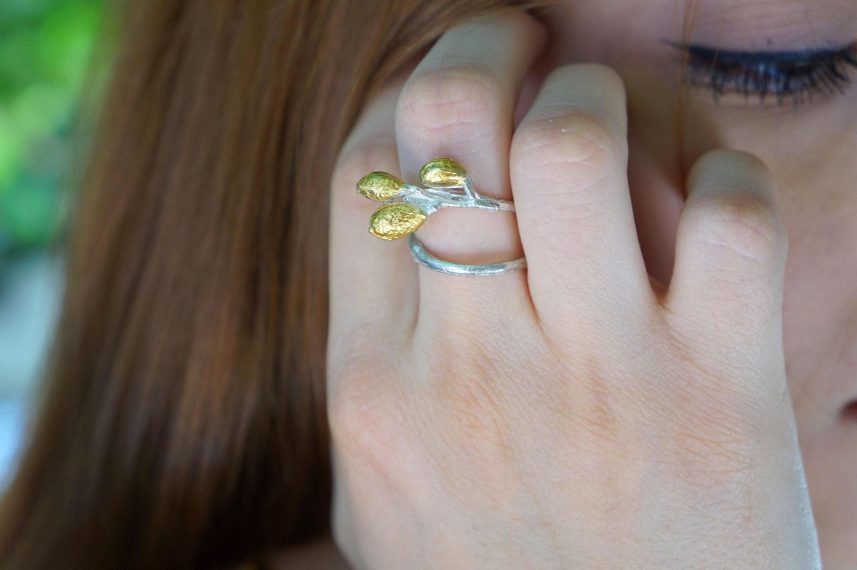 Real Olive Branch Gold Ring, Handmade Nature Jewelry, Organic Tree Band with Fruit, Gift for Health & Longevity, Gold or Sterling Silver 925