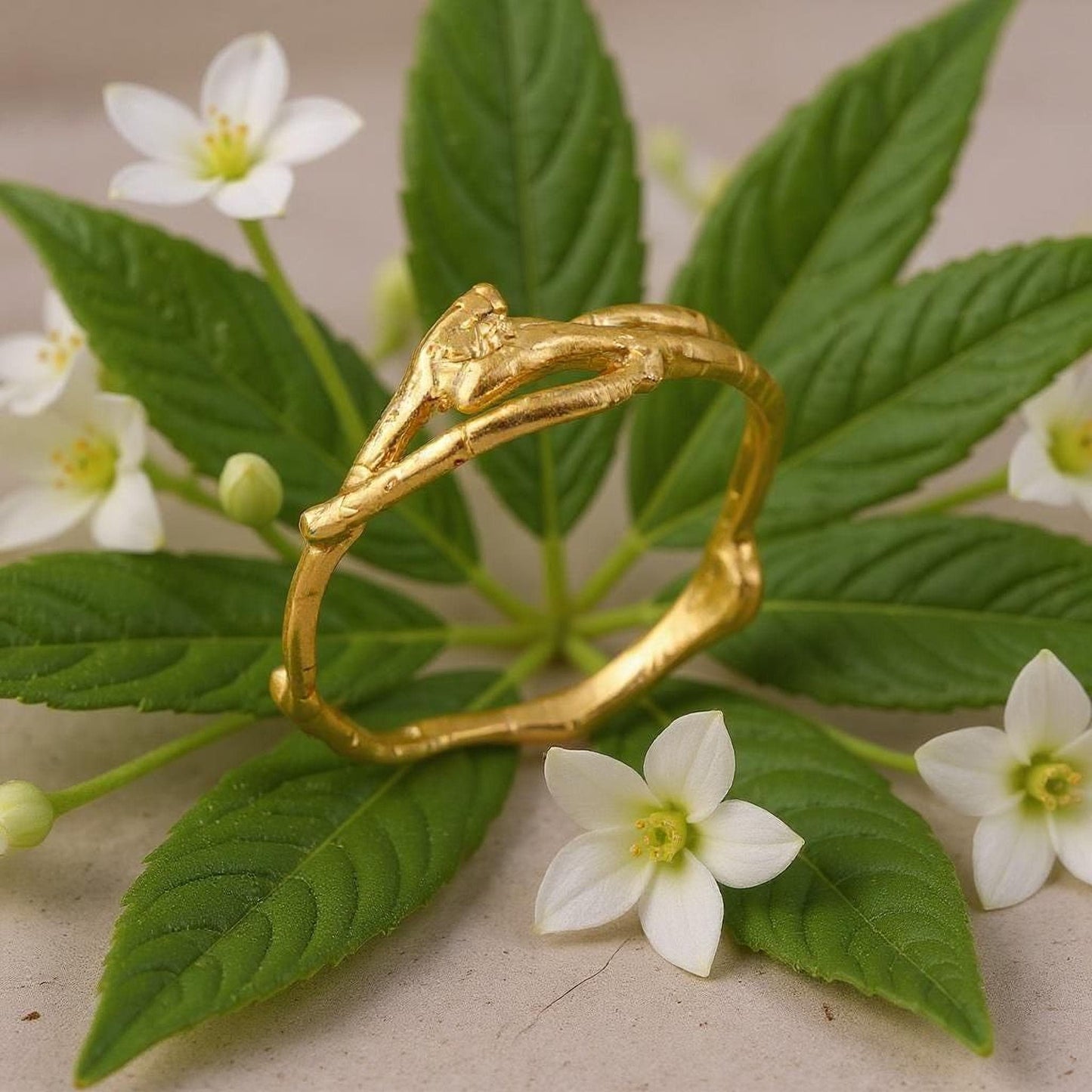 Real Jasmine Branch Gold Ring, Handmade Minimalist Nature Jewelry, Organic Forest Twig Band, Gift for Purity, Sterling Silver 925