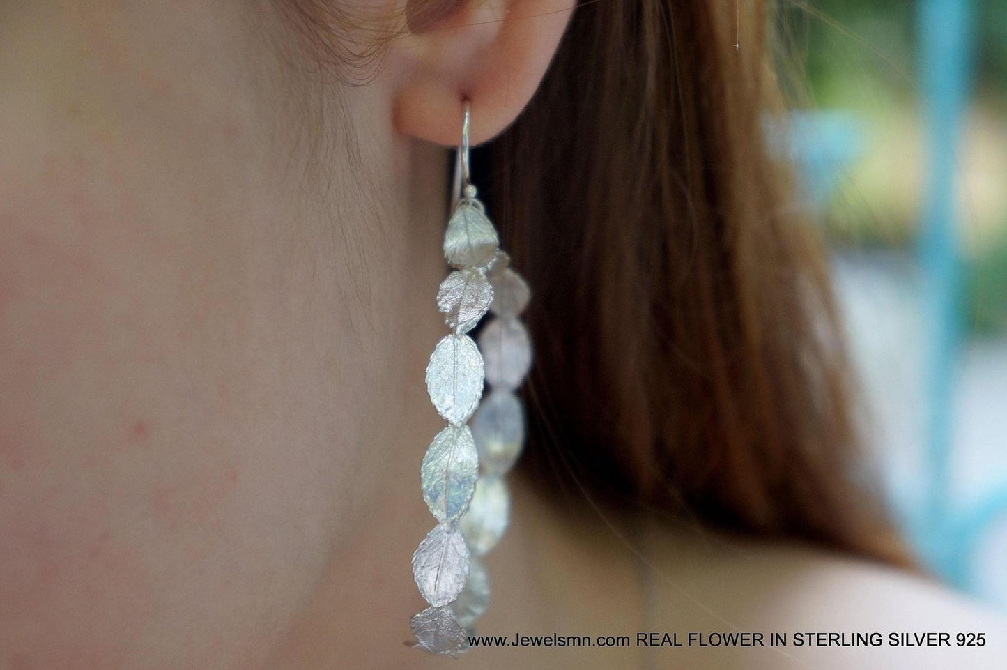 Silver Rose Leaves Earrings, Handmade Minimalist Jewelry, Botanical Dangle Hoops, Gift for Luck & Love, Eco Sustainable Sterling Silver 925