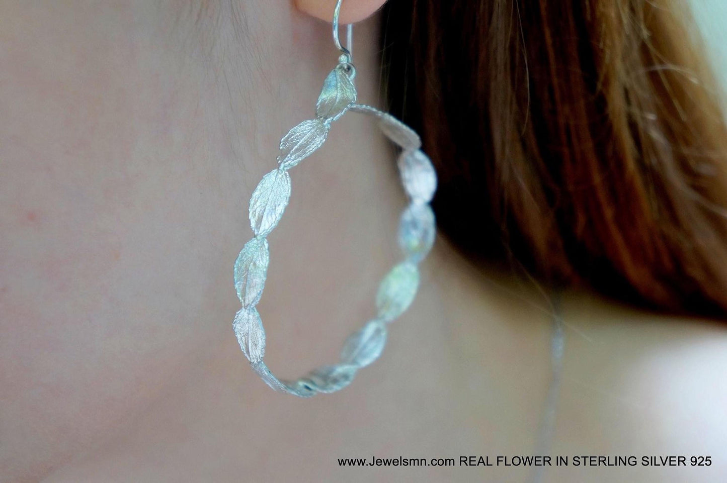 Silver Rose Leaves Earrings, Handmade Minimalist Jewelry, Botanical Dangle Hoops, Gift for Luck & Love, Eco Sustainable Sterling Silver 925