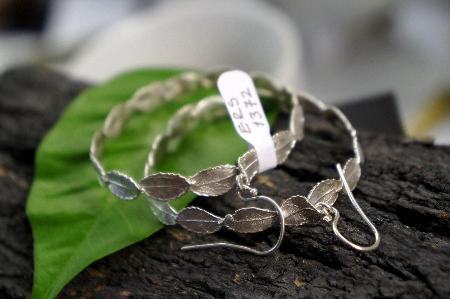 Silver Rose Leaves Earrings, Handmade Minimalist Jewelry, Botanical Dangle Hoops, Gift for Luck & Love, Eco Sustainable Sterling Silver 925