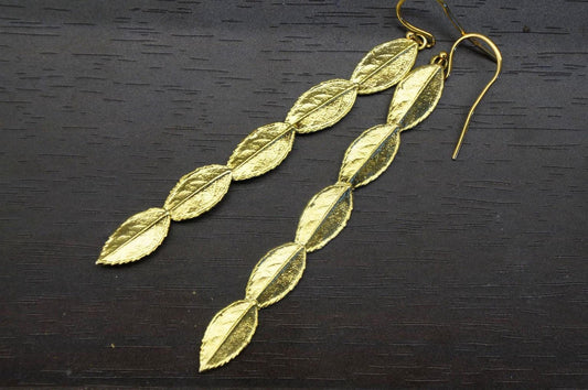 Real Rose Leaf Earrings, 14K Gold Plated Brass Drops Earrings, Handmade Boho Jewelry Gift, Birthday Gift for Women, Eco Jewelry