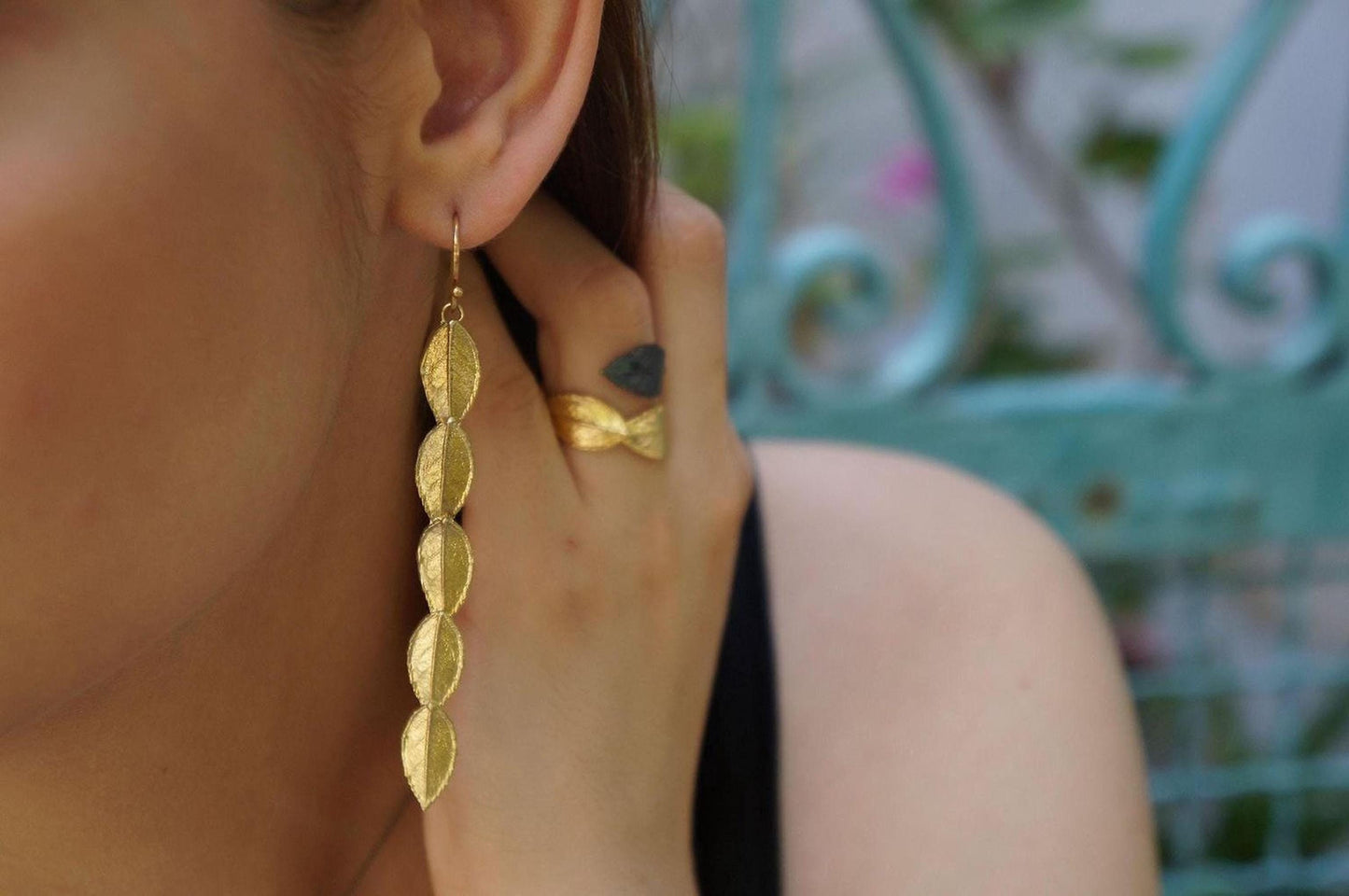 Real Rose Leaf Earrings, 14K Gold Plated Brass Drops Earrings, Handmade Boho Jewelry Gift, Birthday Gift for Women, Eco Jewelry
