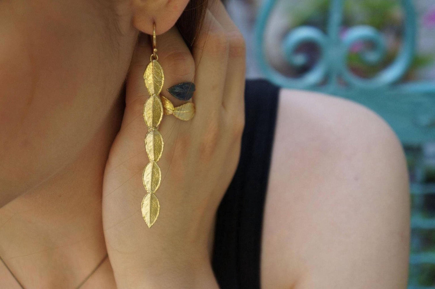 Real Rose Leaf Earrings, 14K Gold Plated Brass Drops Earrings, Handmade Boho Jewelry Gift, Birthday Gift for Women, Eco Jewelry