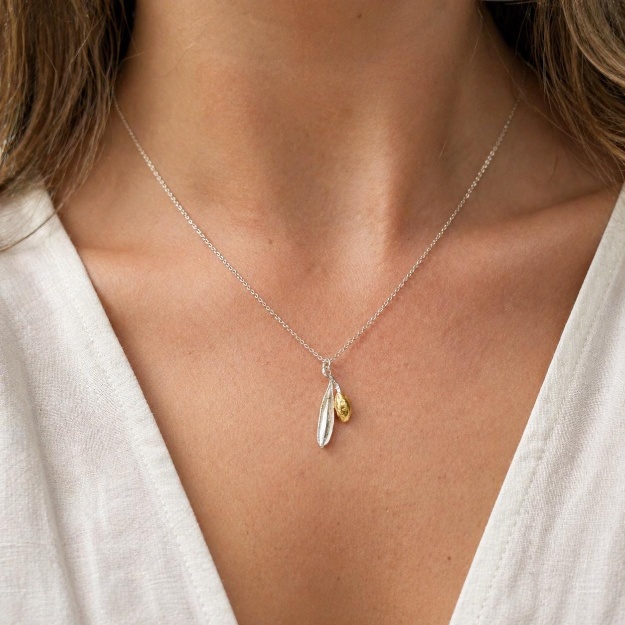 Olive Leaf Necklace, Handmade Minimalist Jewelry, Organic Tree Pendant, Gift for Success & Health, Two-Tone Gold and Sterling Silver 925