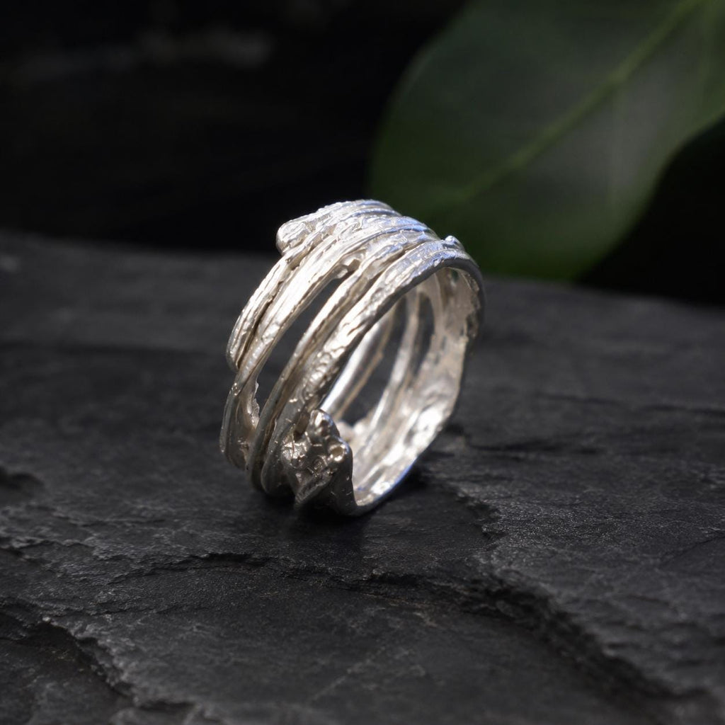 Real Pine Branch Ring, Handmade Nature Jewelry, Organic Tree Band, Boho Gift for Resilience & Health, Eco Sustainable Sterling Silver 925