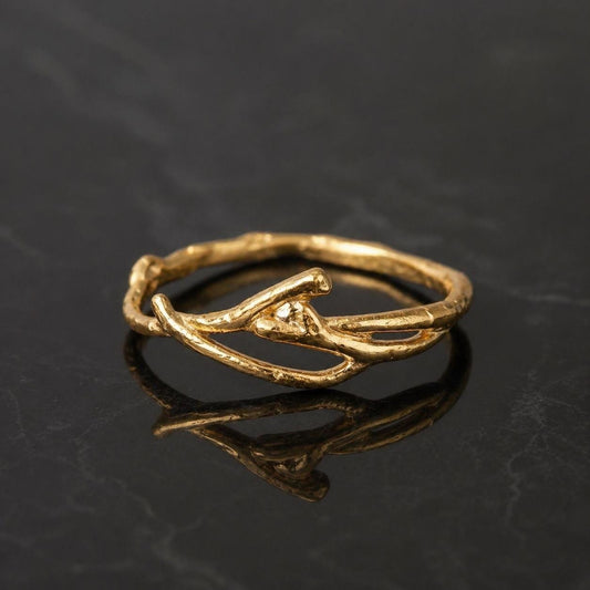 Real Jasmine Branch Gold Ring, Handmade Minimalist Nature Jewelry, Organic Forest Twig Band, Gift for Purity, Sterling Silver 925
