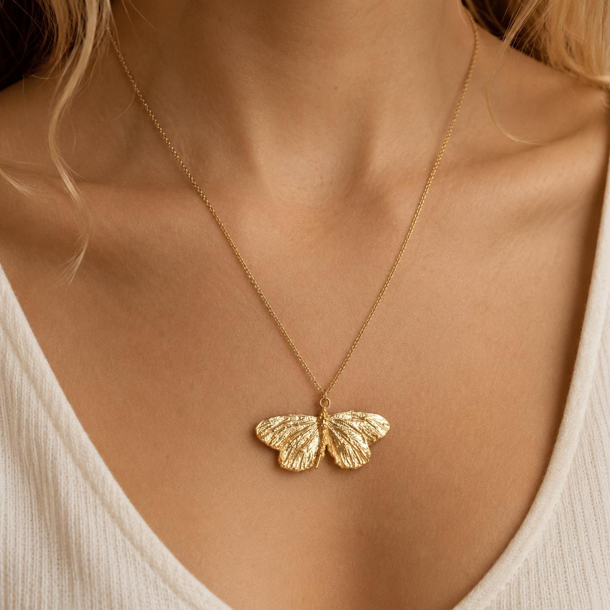 Gold Butterfly Necklace, Handmade Nature Jewelry, Organic Statement Pendant, Gift for Resilience and Renewal, Sterling Silver 925