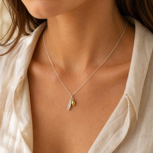 Real White Gold Necklace, Solid Gold Olive Leaf & Fruit Necklace, Pendant Jewelry, Gift for Her, Birthday Gift for Women, Handmade Jewelry