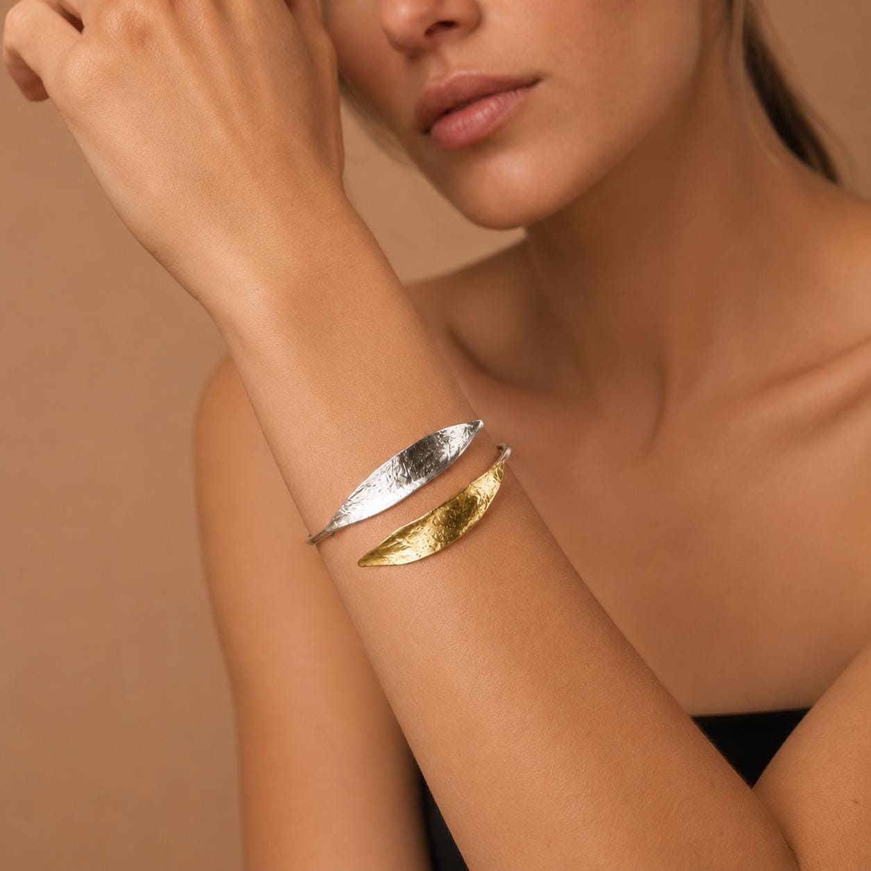 Real Olive Leaf Bracelet, Handmade Nature Jewelry, Organic Tree Cuff, Gift for Success & Longevity, Gold and Sterling Silver 925