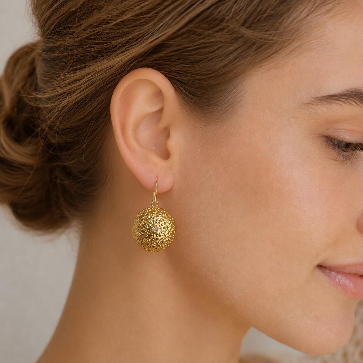 Gold Sea Urchin Necklace, Handmade Statement Jewelry, Organic Nature-Inspired Pendant, Gift for Health and Longevity, Sterling Silver 925