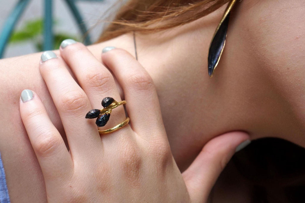 Real Olive Branch Gold Ring, Handmade Nature Jewelry, Organic Tree Band with Fruit, Gift for Health & Longevity, Gold or Sterling Silver 925
