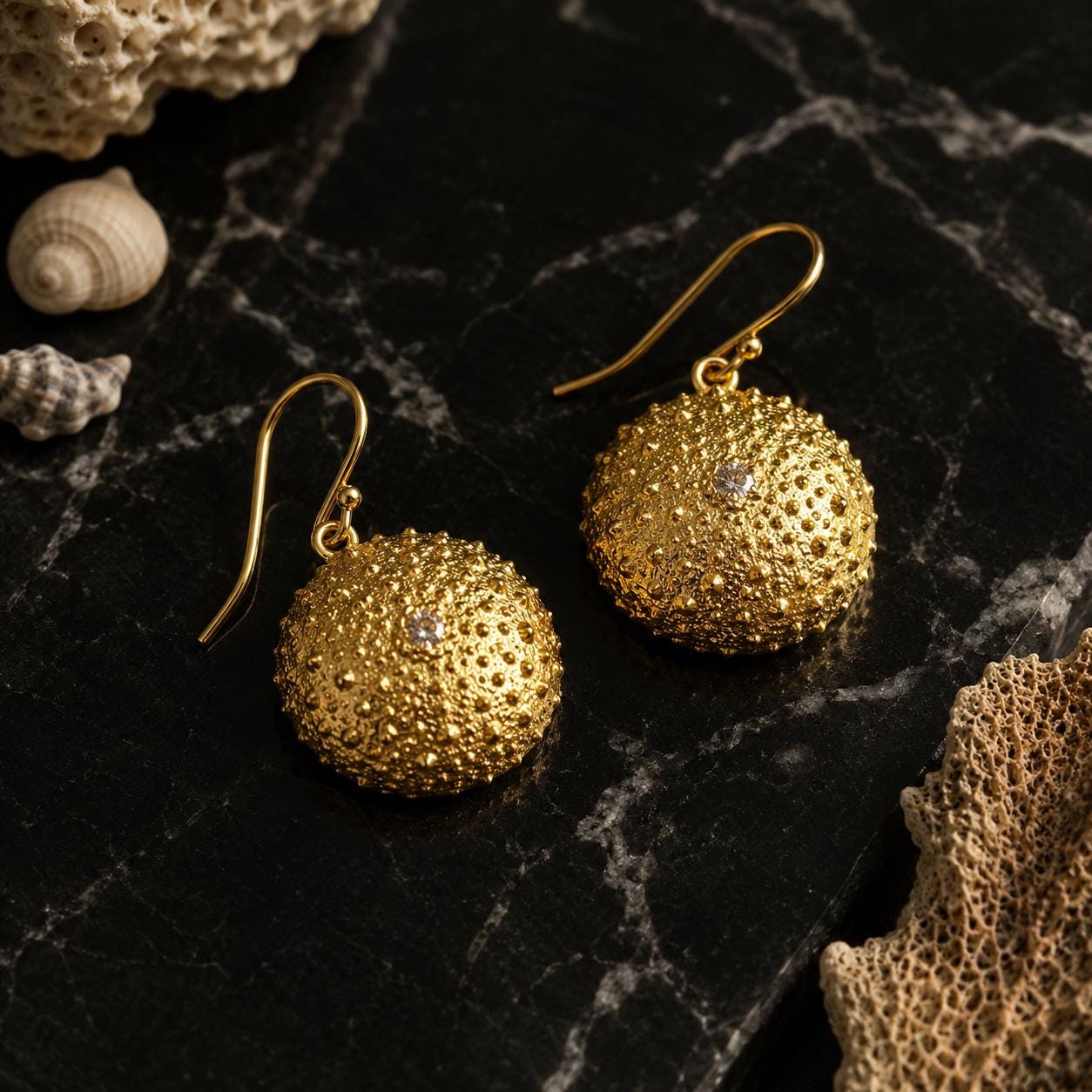 Gold Sea Urchin Necklace, Handmade Statement Jewelry, Organic Nature-Inspired Pendant, Gift for Health and Longevity, Sterling Silver 925